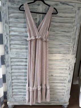 Caution To The Wind Sleeveless Striped Maxi Dress in Taupe and White Size L